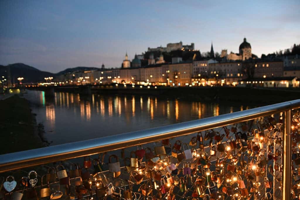 The Makartsteg Bridge in Salzburg, Austria at night