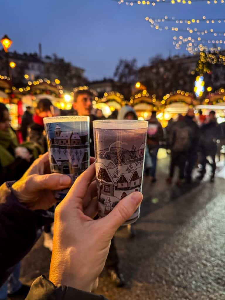 Cheersing gluhwein and egg nog at the Náměstí Míru (Peace Square) Christmas Market in Prague