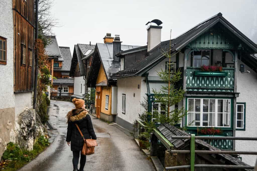 Katie wandering through the Old Town in Hallstatt, Austria