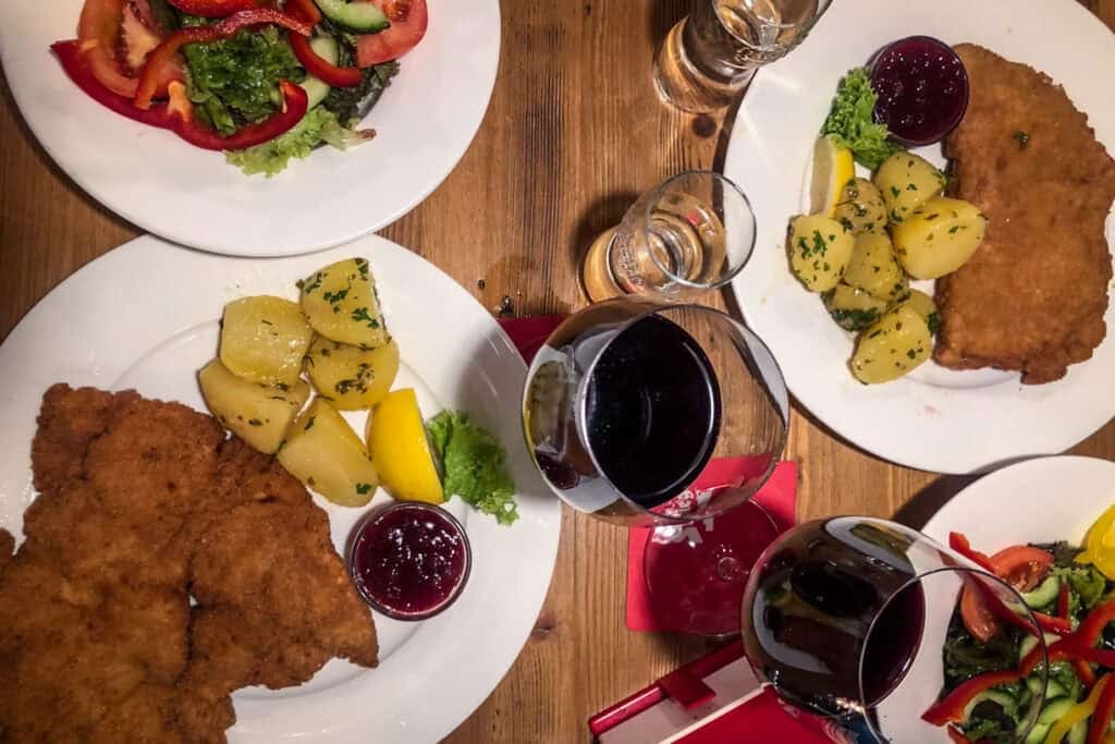 Traditional Austrian dinner of Wiener Schnitzel and potatoes
