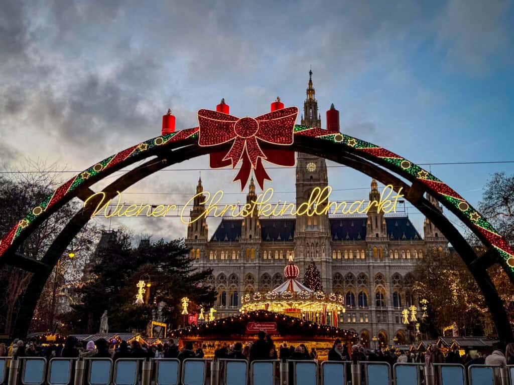 The iconic entrance to the Wiener Christkindlmarkt Christmas Market in Vienna, Austria