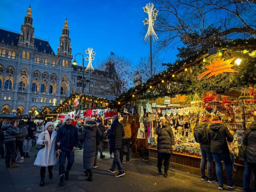 Crowds at the Wiener Christkindlmarkt Christmas Market in Vienna, Austria