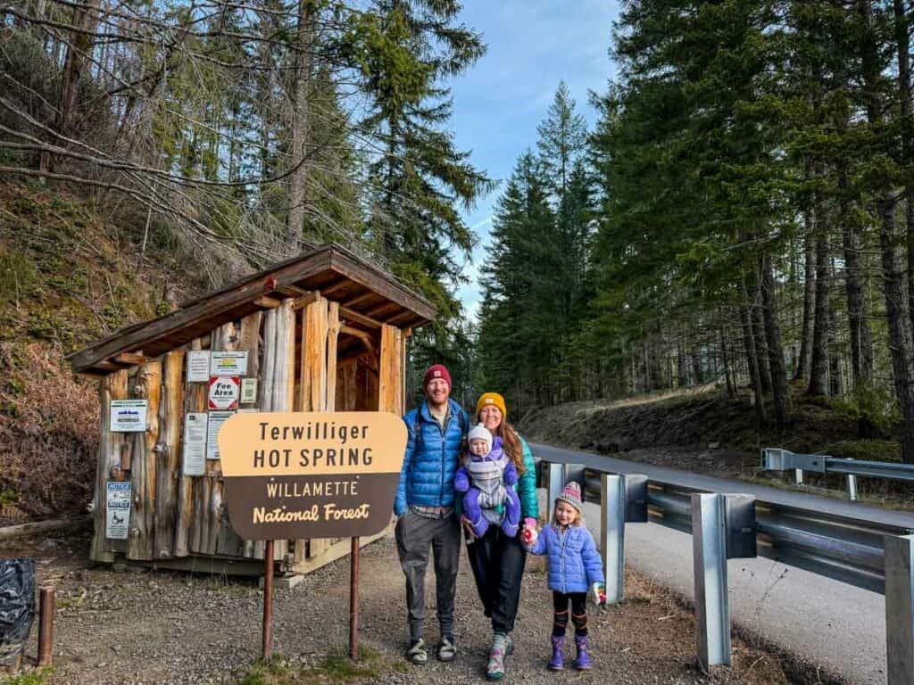 Family photo at Terwilliger Cougar Hot Springs entrance