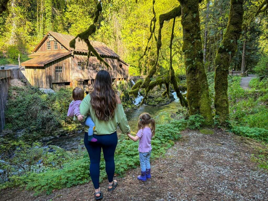 Cedar Creek Grist Mill Vancouver Washington Mom and 2 Daughter